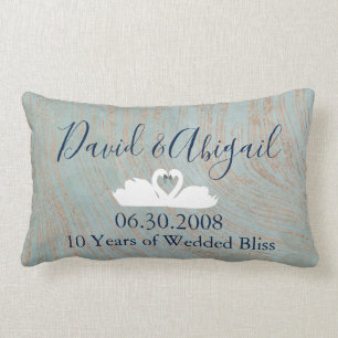 10th Wedding Anniversary swans Blue and Copper Lumbar Cushion