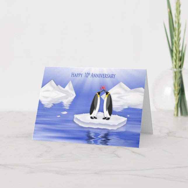 10th Wedding Anniversary, Two Penquins in Love Card (Front)