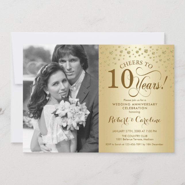 10th Wedding Anniversary with Photo - Gold Invitation (Front)