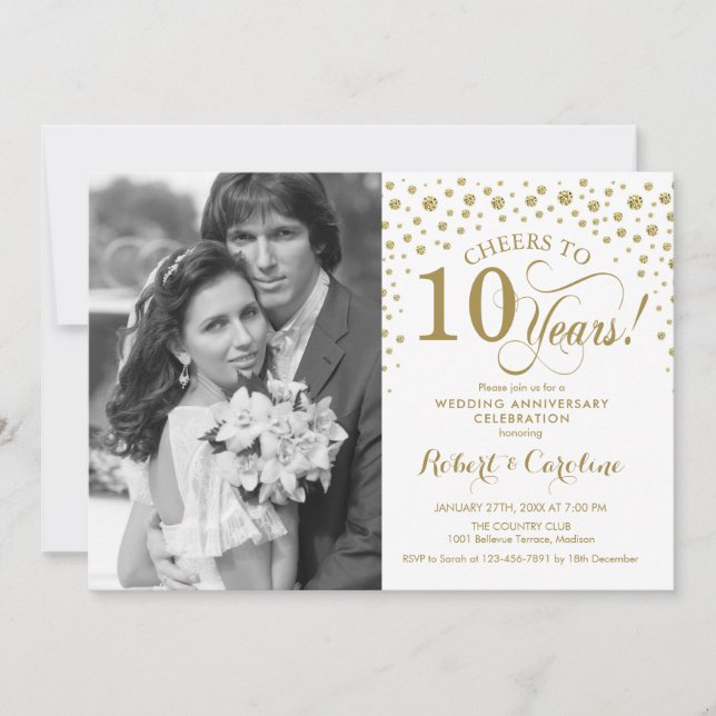 10th Wedding Anniversary with Photo - Gold White Invitation (Front)