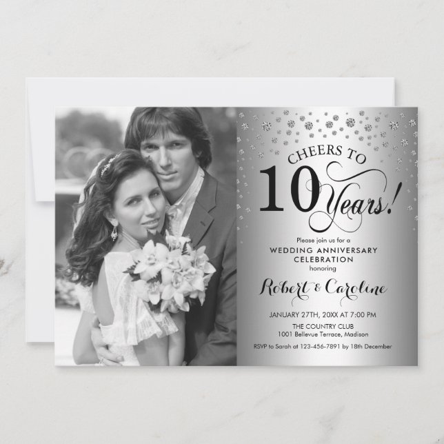 10th Wedding Anniversary with Photo - Silver Invitation (Front)