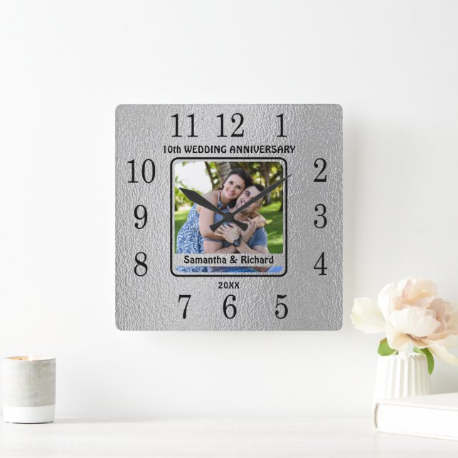 10th Year Couple Wedding Tin Anniversary Photo  Square Wall Clock (Home)