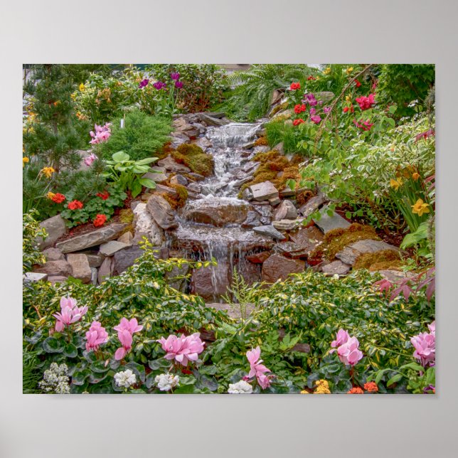10x8 Flowing Waterfall with spring flowers Poster (Front)