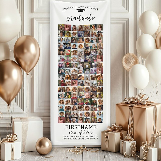 112 Photo Collage Graduation Modern Minimal White Banner (Custom Graduation Banner - Great for a backdrop or Grad Party Decoration)