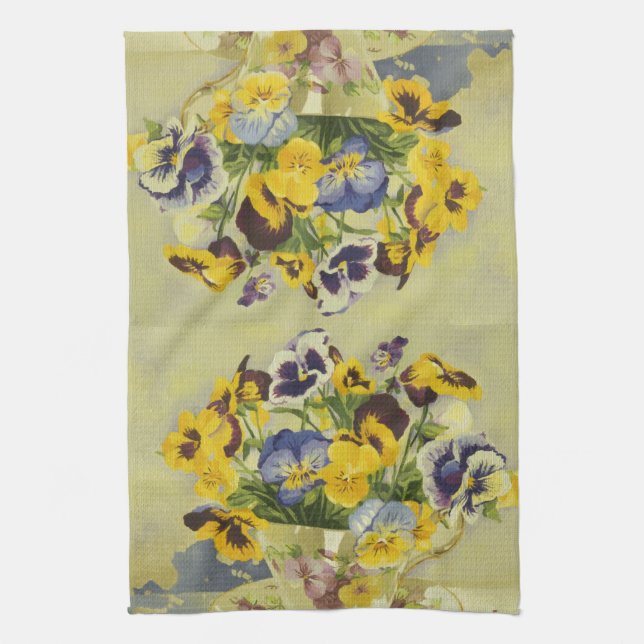 1187 Pansies in Teacup Tea Towel (Vertical)