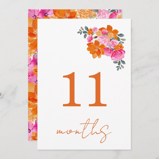 11 Months Old Pink & Orange Baby Milestone Card (Front/Back)
