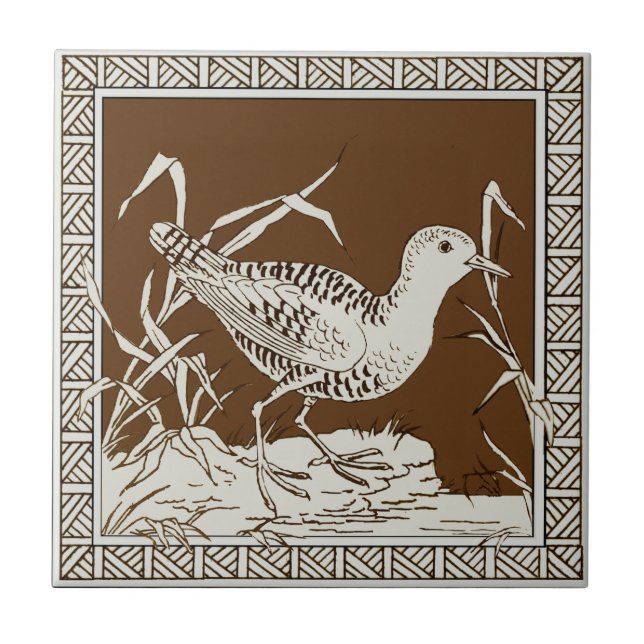 #11 of 12 Repro 1880s Minton Mocha Bird Series Ceramic Tile (Front)