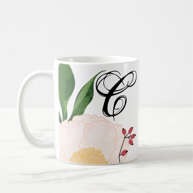 11 Oz. Coffee Mug White Floral Flowers on White (Left)