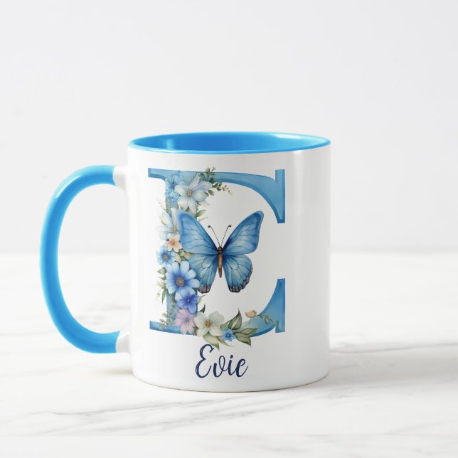 11 oz Floral Blue Monogrammed Coffee Mug (Left)