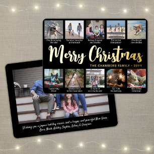 11 Photo Black Merry Christmas Modern Collage Foil Holiday Card