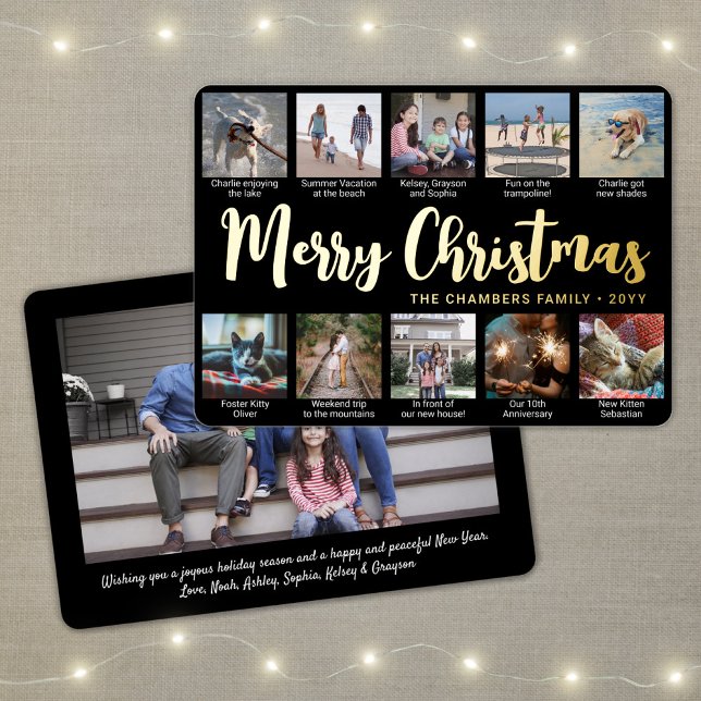 11 Photo Black Merry Christmas Modern Collage Foil Holiday Card (Creator Uploaded)