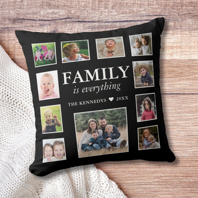11 Photo Collage Family Name Quote Black Cushion (11 Photo Collage Family Name Quote Black Throw Pillow
)