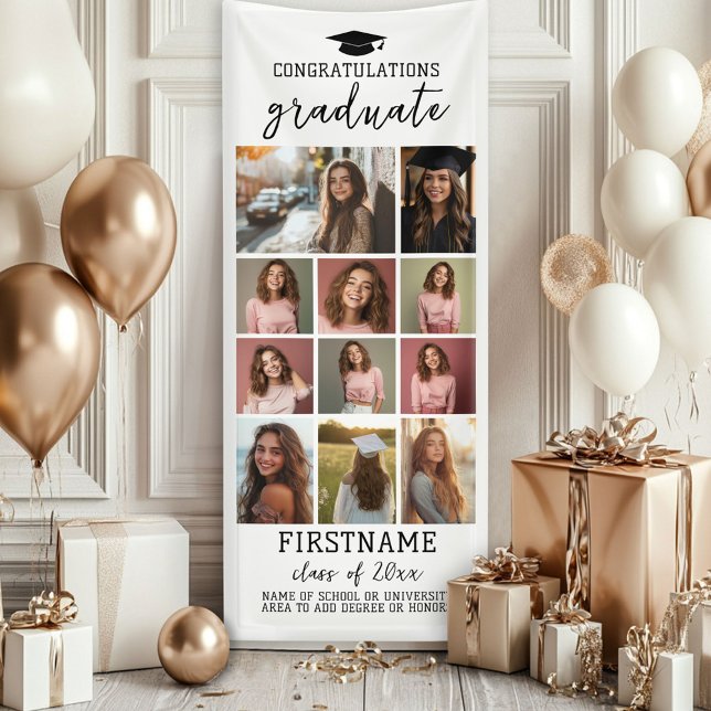 11 Photo Collage Graduation Modern Minimal White Banner (Custom Graduation Photo Banner - Great backdrop and Graduation Party Decoration)
