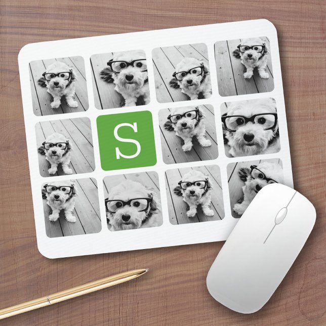 11 Photo Collage - Green White Modern Monogram Mouse Pad (Personalized mousepad - Add Photos and Custom Text)