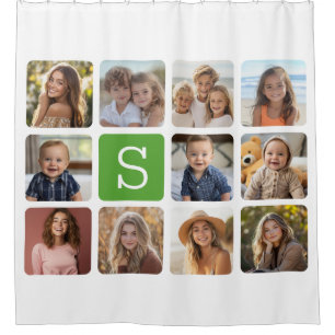 11 Photo Collage - Green White Modern Monogram Shower Curtain