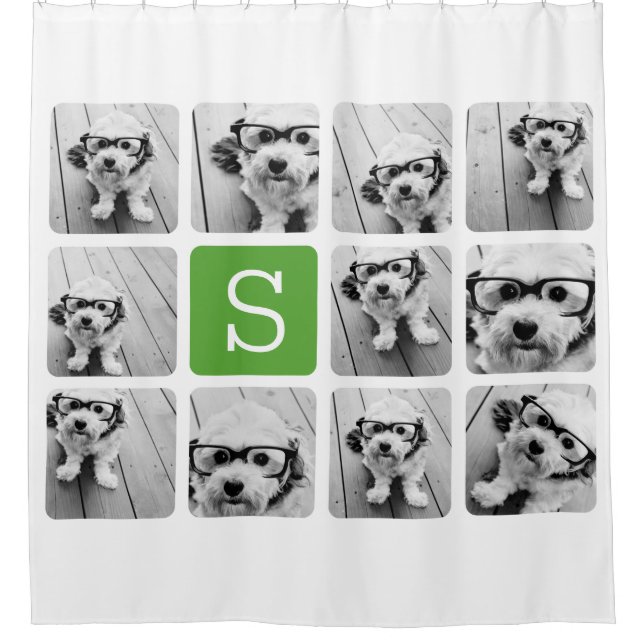 11 Photo Collage - Green White Modern Monogram Shower Curtain (Front)