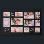 11 Photo Collage Happy Moments White Text Black Faux Canvas Print<br><div class="desc">Display your favourite 11 photos and inspiring words with this collage design of 11 photos with white line borders and intermingled with quotes Happy Moments, Making Memories and Special Times in white script on a background of black. Simply replace the sample template pictures on the front with your own of...</div>