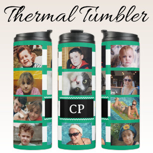 11 photo collage initials green white thermal tumbler