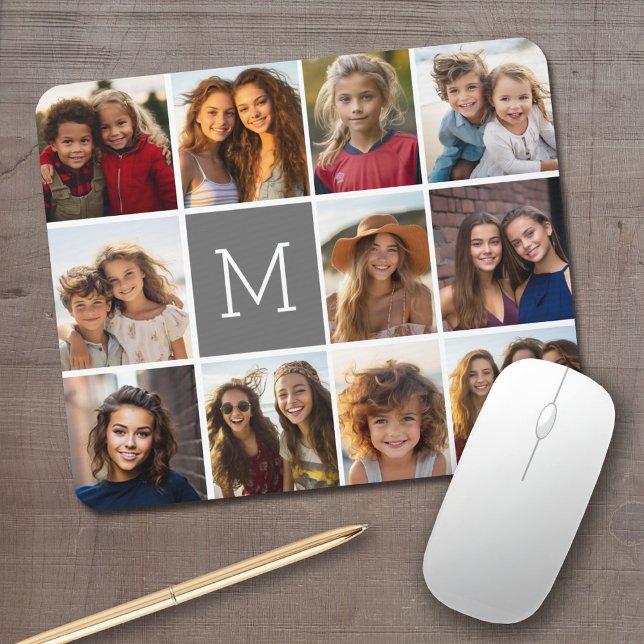 11 Photo Collage - Minimal Grid with Text Mouse Pad (Personalized Mousepad - Add Your Photos and Text)