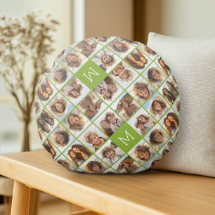11 Photo Collage - Minimal Grid with Text Round Cushion