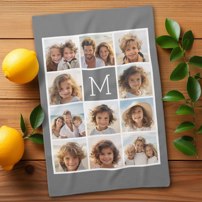 11 Photo Collage - Minimal Grid with Text Tea Towel (11 Photo Personalized Kitchen Towel)