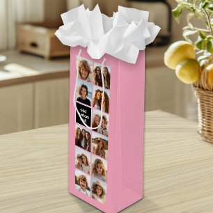 11 Photo Collage - Minimal Grid with Text Wine Gift Bag