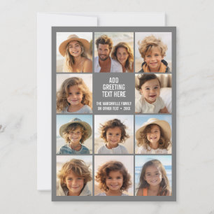 11 Photo Collage - Modern Grey White Text Holiday Card