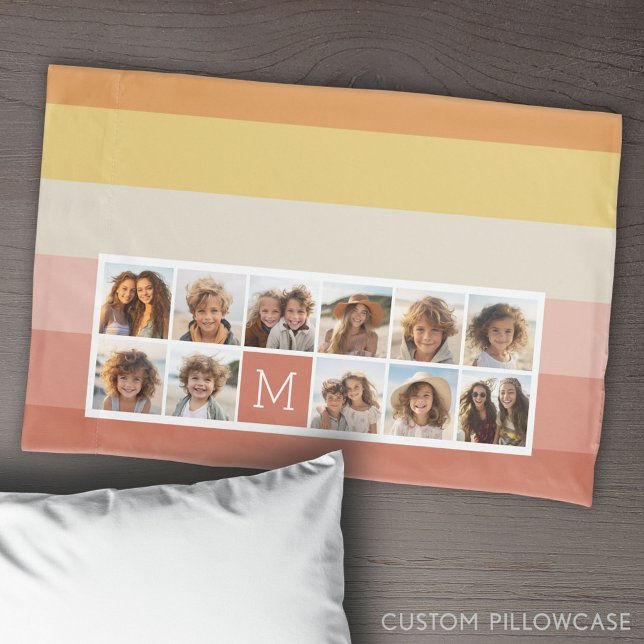 11 Photo Collage - Retro Stripes Coral Peach Gold Pillowcase (Create Your Own Photo Collage Pillowcase)