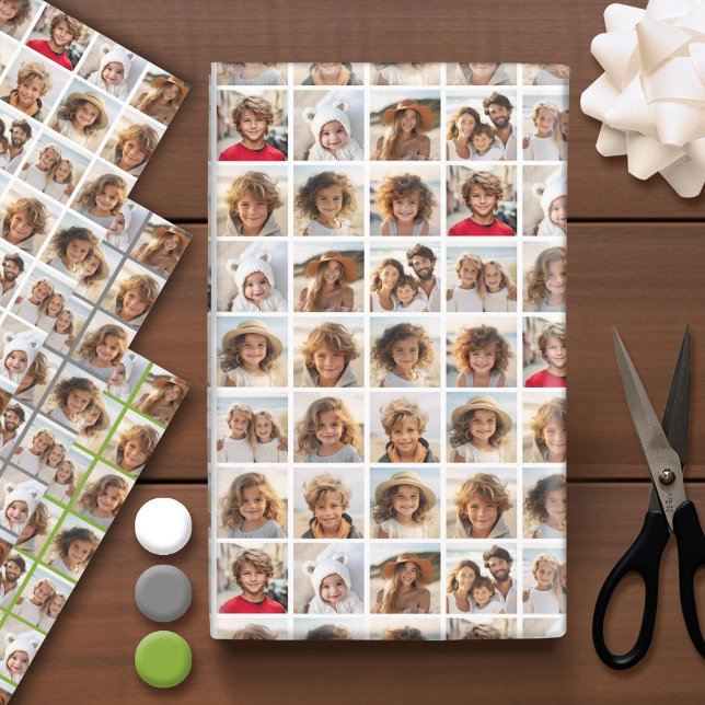 11 Photo Collage - White Grey Green Colours Wrapping Paper Sheet (Custom Photo Wrapping Paper)
