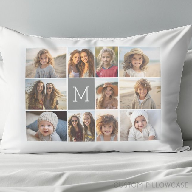11 Photo Collage with Grey Monogram Pillowcase (Create Your Own Photo Collage Pillowcase)