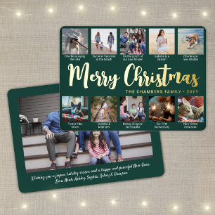 11 Photo Dark Green Merry Christmas Modern Collage Foil Holiday Card