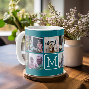 11 Photo Grid Collage with Monogram Coffee Mug