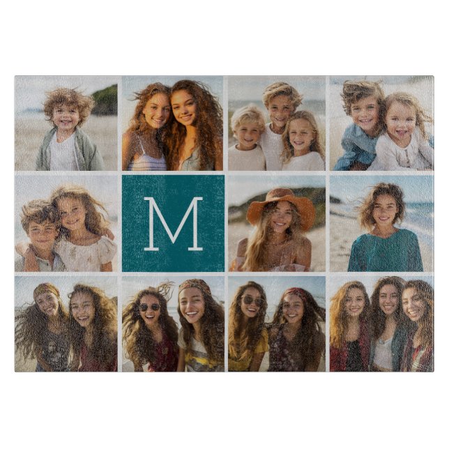 11 Photo Grid Collage with Monogram Cutting Board (Front)