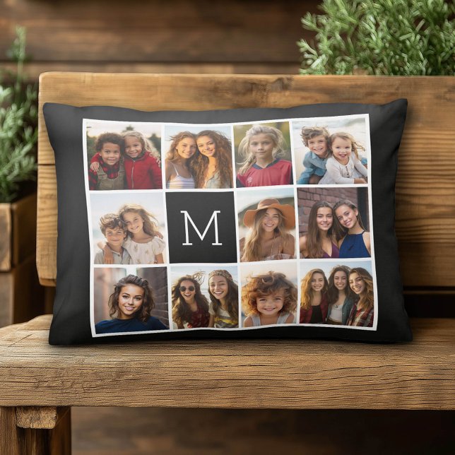 11 Photo Grid Collage with Monogram Decorative Cushion (Custom Photo Pillow)