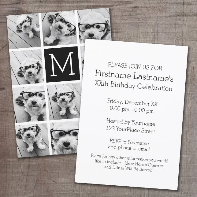 11 Photo Grid Collage with Monogram Invitation (Photo Collage Birthday Party Invitation)
