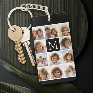11 Photo Grid Collage with Monogram Key Ring