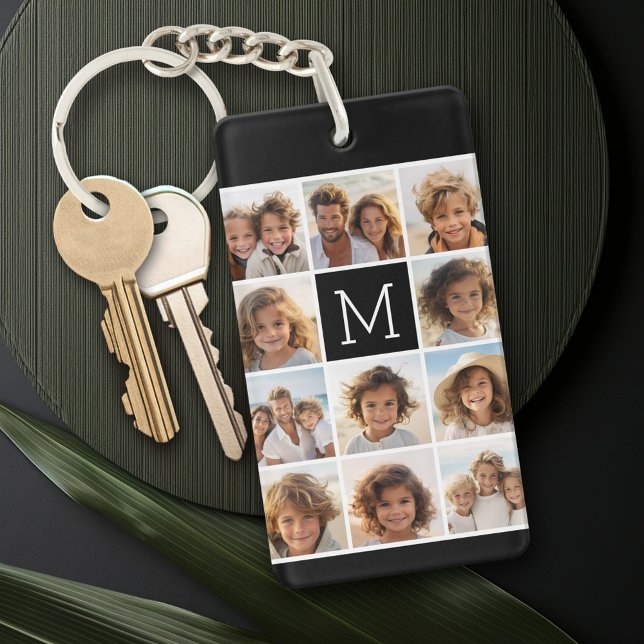 11 Photo Grid Collage with Monogram Key Ring (Personalized keychain - photo collage)