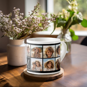11 Photo Instagram Collage Custom Black Monogram Espresso Cup