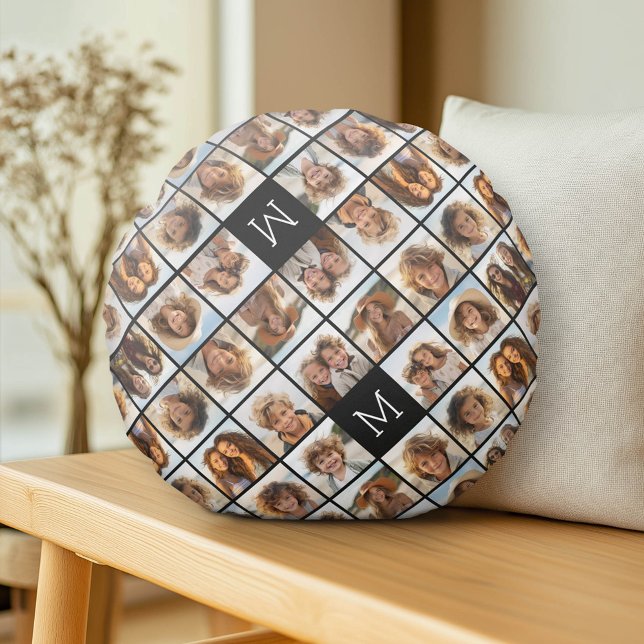 11 Photo Instagram Collage Custom Black Monogram Round Cushion (Custom Pillow)