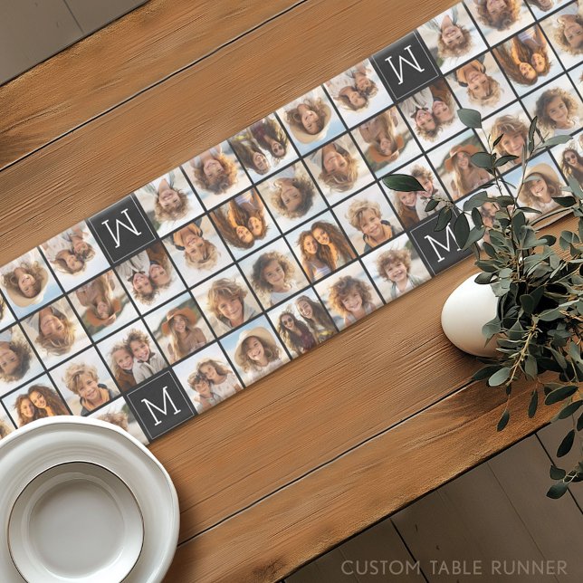 11 Photo Instagram Collage Custom Black Monogram Short Table Runner (Custom Table Runner with a Photo Collage All Over)