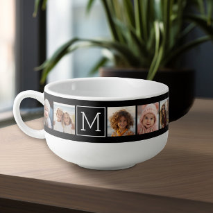 11 Photo Instagram Collage Custom Black Monogram Soup Mug