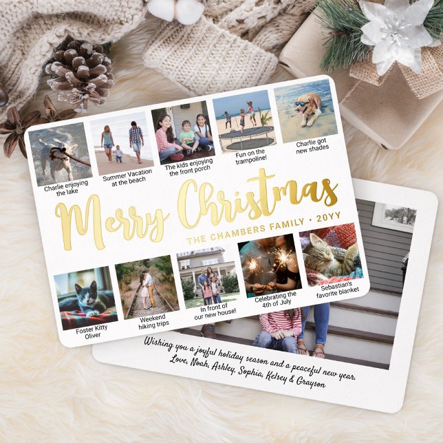 11 Photo Merry Christmas Simple Modern Calligraphy Foil Holiday Card (Creator Uploaded)