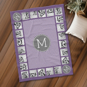 11 Photo Purple Grey Chevron Pattern with Monogram Fleece Blanket