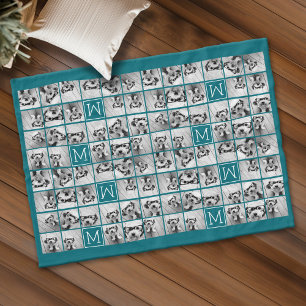 11 Picture Collage with Custom Monogram Blue Fleece Blanket