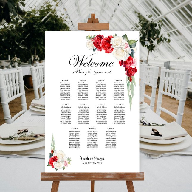 11 Table Red White Rose Floral Seating Chart (Creator Uploaded)