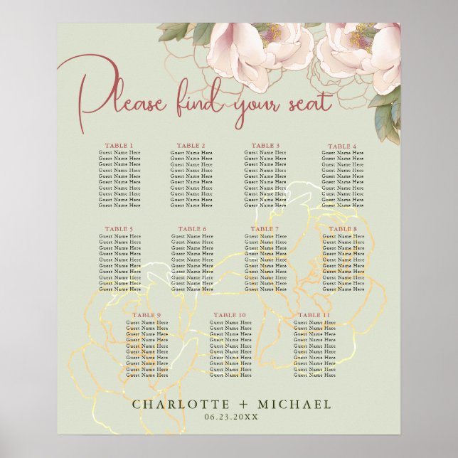 11 Table Sage & Blush Floral Wedding Seating Chart (Front)