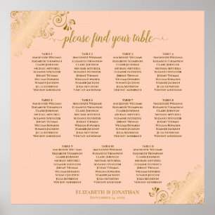11 Table Wedding Seating Chart Coral Peach & Gold