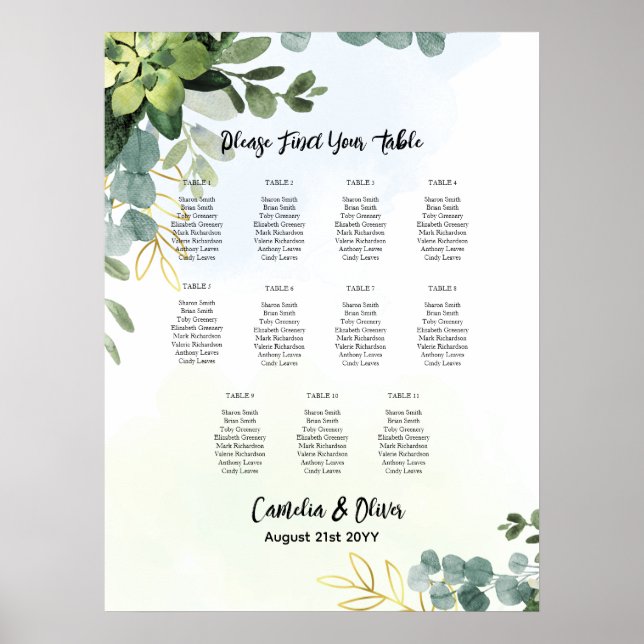 11 Table Wedding Seating Chart Greenery Eucalyptus (Front)