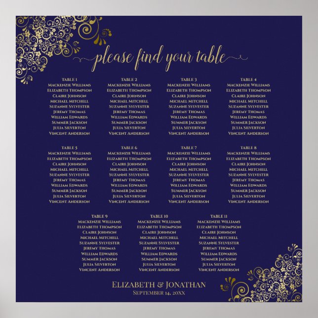11 Table Wedding Seating Chart Lacy Gold Navy Blue (Front)