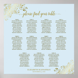11 Table Wedding Seating Chart Powder Blue & Gold